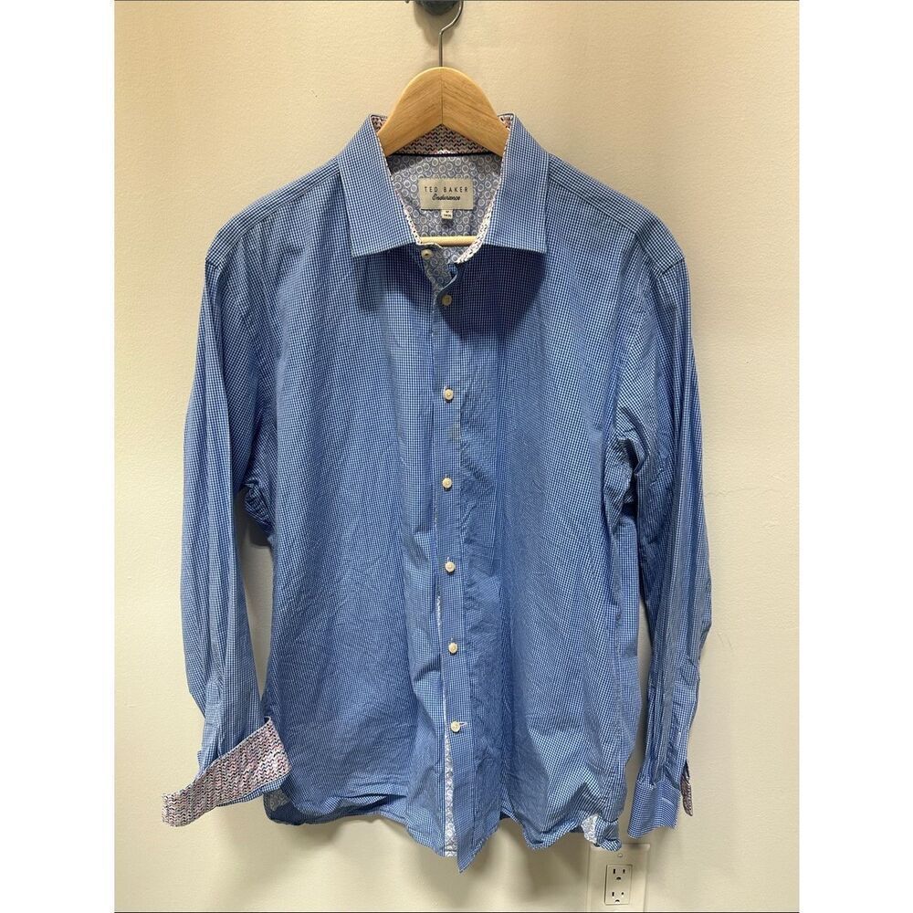 Ted Baker Blue Endurance Printed Trim Long-Sleeve Dress Shirt Sz 17 34/35